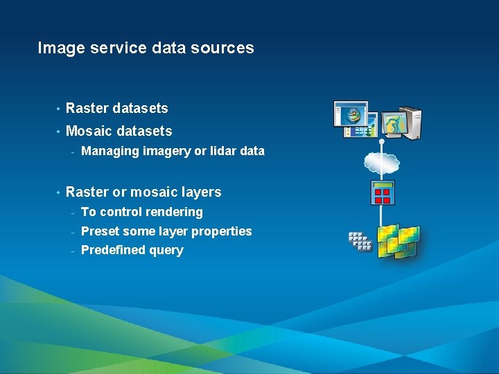 Image service data sources • Raster datasets • Mosaic datasets - • Managing imagery