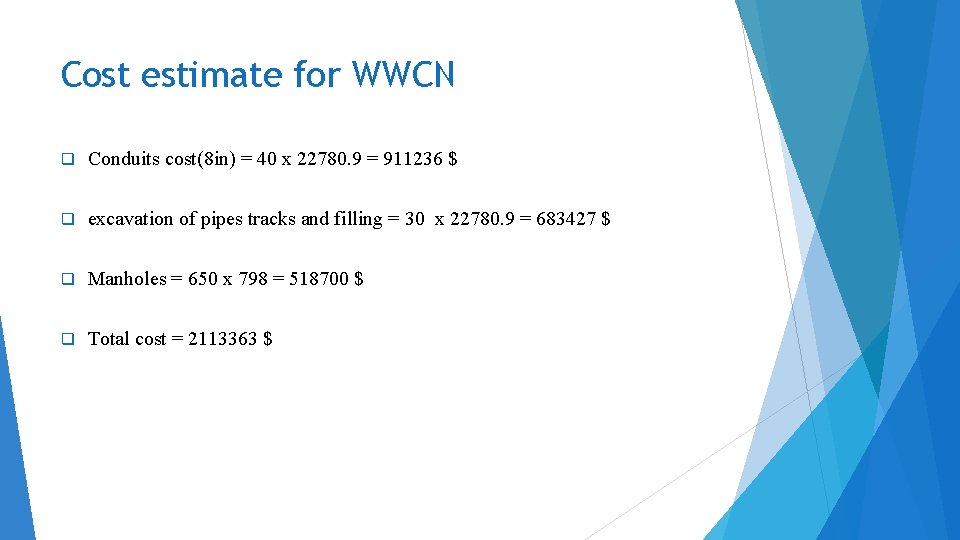 Cost estimate for WWCN q Conduits cost(8 in) = 40 x 22780. 9 =