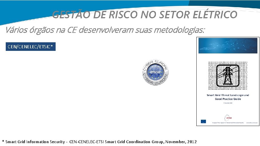 GESTÃO DE RISCO NO SETOR ELÉTRICO Vários órgãos na CE desenvolveram suas metodologias: CEN/CENELEC/ETSIC*