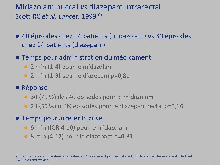 Midazolam buccal vs diazepam intrarectal Scott RC et al. Lancet. 1999 8) ● 40