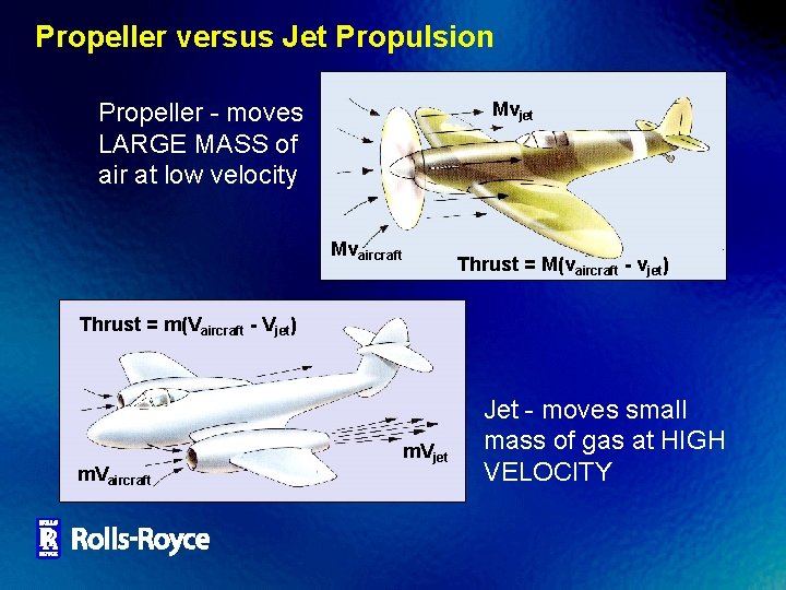 Propeller versus Jet Propulsion Propeller - moves LARGE MASS of air at low velocity
