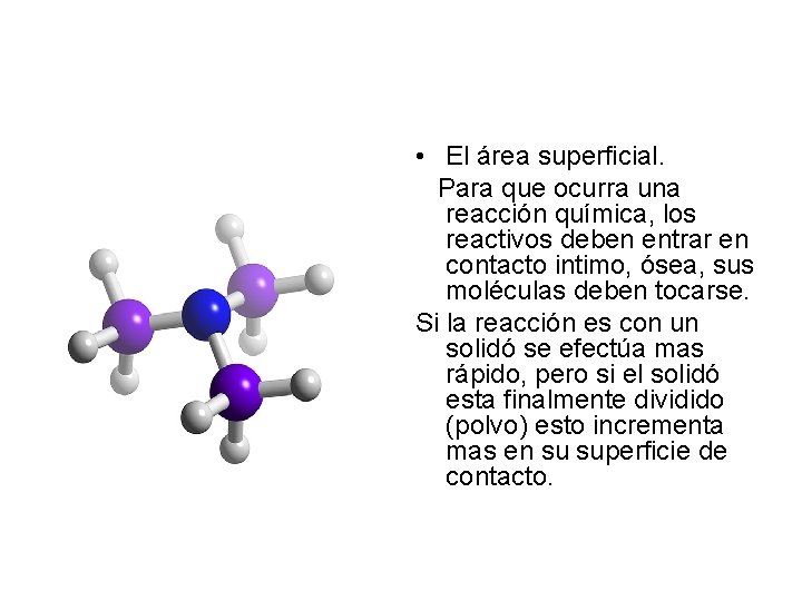  • El área superficial. Para que ocurra una reacción química, los reactivos deben