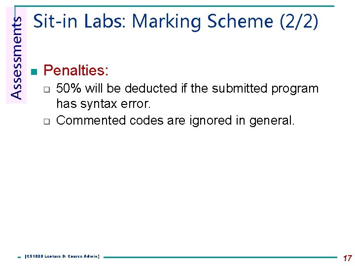 Assessments Sit-in Labs: Marking Scheme (2/2) n Penalties: q q 50% will be deducted Assessments Sit-in Labs: Marking Scheme (2/2) n Penalties: q q 50% will be deducted