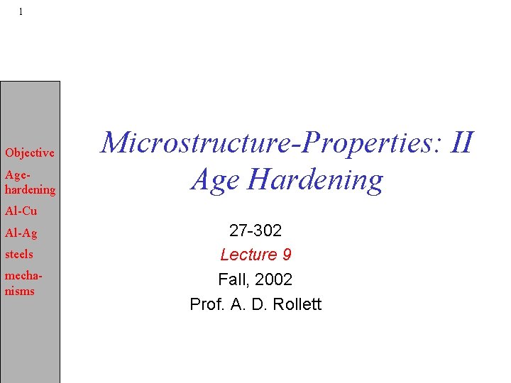 1 Objective Agehardening Microstructure-Properties: II Age Hardening Al-Cu Al-Ag steels mechanisms 27 -302 Lecture