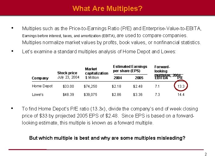 What Are Multiples? • Multiples such as the Price-to-Earnings Ratio (P/E) and Enterprise-Value-to-EBITA, Earnings