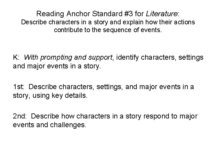 Reading Anchor Standard #3 for Literature: Describe characters in a story and explain how