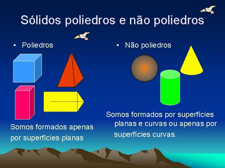 Sólidos poliedros e não poliedros • Poliedros Somos formados apenas por superfícies planas •