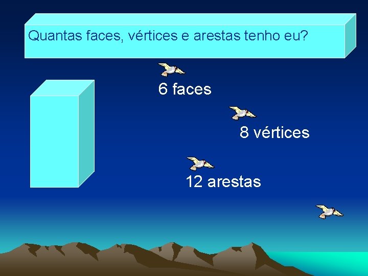 Quantas faces, vértices e arestas tenho eu? 6 faces 8 vértices 12 arestas 