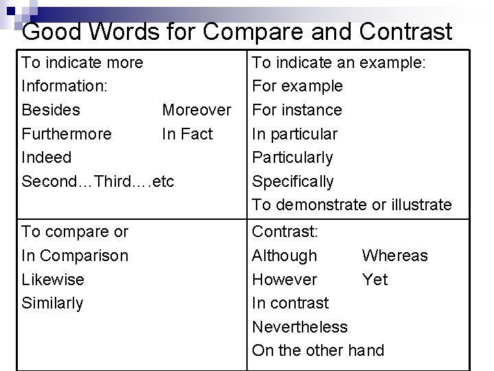 Good Words for Compare and Contrast To indicate more Information: Besides Moreover Furthermore In