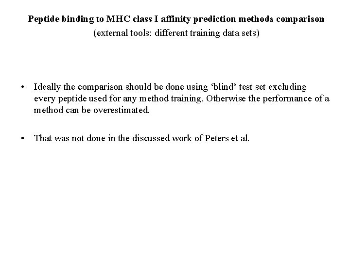 Peptide binding to MHC class I affinity prediction methods comparison (external tools: different training