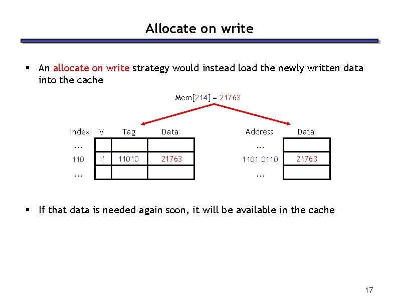 Allocate on write § An allocate on write strategy would instead load the newly