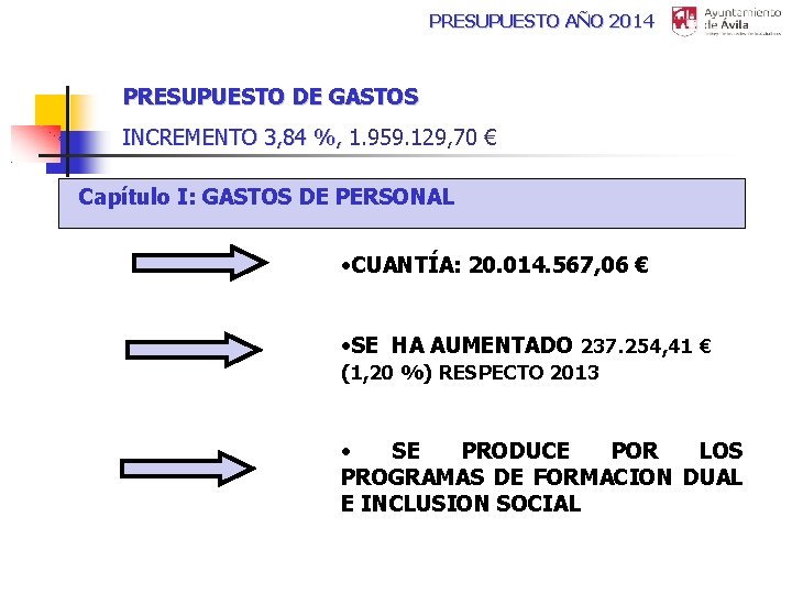 PRESUPUESTO AÑO 2014 PRESUPUESTO DE GASTOS INCREMENTO 3, 84 %, 1. 959. 129, 70