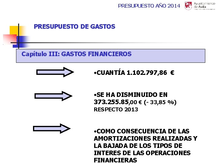 PRESUPUESTO AÑO 2014 PRESUPUESTO DE GASTOS Capítulo III: GASTOS FINANCIEROS • CUANTÍA 1. 102.