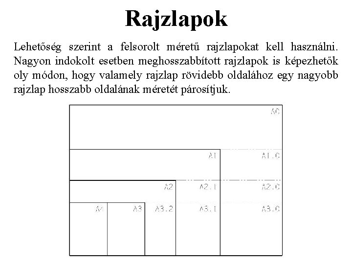 Rajzlapok Lehetőség szerint a felsorolt méretű rajzlapokat kell használni. Nagyon indokolt esetben meghosszabbított rajzlapok