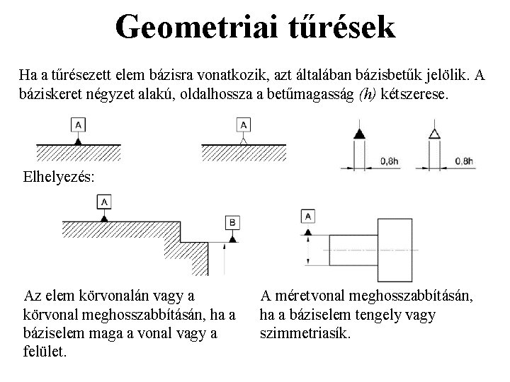 Geometriai tűrések Ha a tűrésezett elem bázisra vonatkozik, azt általában bázisbetűk jelölik. A báziskeret