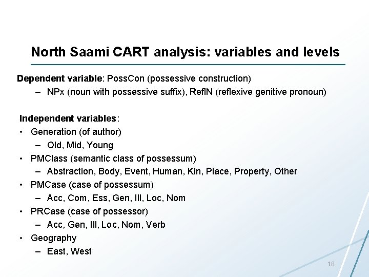 North Saami CART analysis: variables and levels Dependent variable: Poss. Con (possessive construction) –