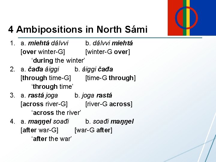 4 Ambipositions in North Sámi 1. a. miehtá dálvvi b. dálvvi miehtá [over winter-G]