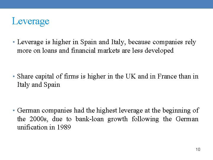 Leverage • Leverage is higher in Spain and Italy, because companies rely more on
