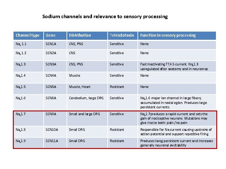 Sodium channels and relevance to sensory processing Channel type Gene Distribution Tetrodotoxin Function in