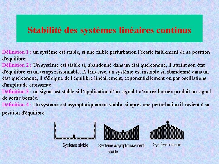 Stabilité des systèmes linéaires continus Définition 1 : un système est stable, si une