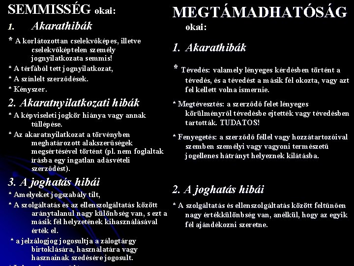 SEMMISSÉG okai: 1. Akarathibák * A korlátozottan cselekvőképes, illetve cselekvőképtelen személy jognyilatkozata semmis! *