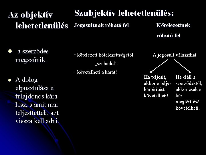 Szubjektív lehetetlenülés: Az objektív Kötelezettnek lehetetlenülés Jogosultnak róható fel l a szerződés megszűnik. •