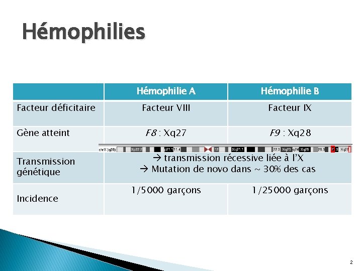 PRISE EN CHARGE DIAGNOSTIQUE Hémophilies Facteur déficitaire Gène atteint Transmission génétique Incidence Hémophilie A PRISE EN CHARGE DIAGNOSTIQUE Hémophilies Facteur déficitaire Gène atteint Transmission génétique Incidence Hémophilie A
