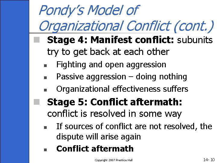 Pondy’s Model of Organizational Conflict (cont. ) n Stage 4: Manifest conflict: subunits try