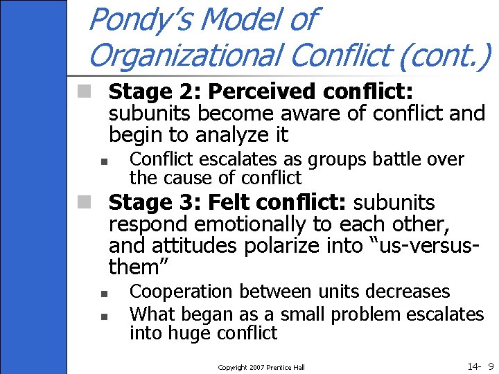 Pondy’s Model of Organizational Conflict (cont. ) n Stage 2: Perceived conflict: subunits become