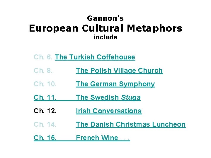 Gannon’s European Cultural Metaphors include Ch. 6. The Turkish Coffehouse Ch. 8. The Polish