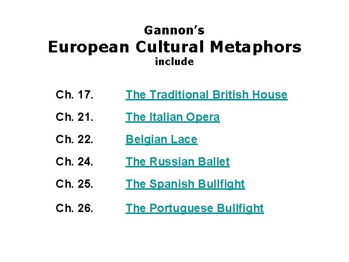 Gannon’s European Cultural Metaphors include Ch. 17. The Traditional British House Ch. 21. The