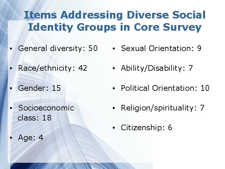 Items Addressing Diverse Social Identity Groups in Core Survey • General diversity: 50 •