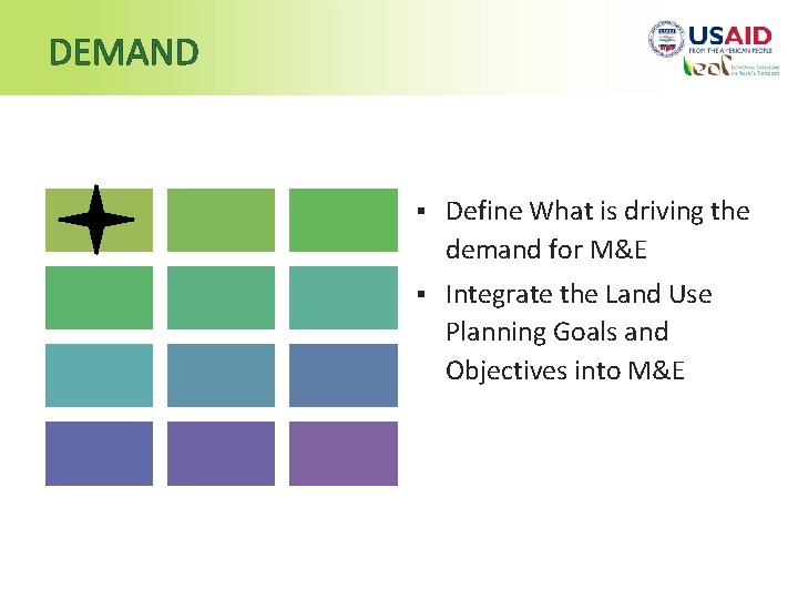 DEMAND § Define What is driving the demand for M&E § Integrate the Land