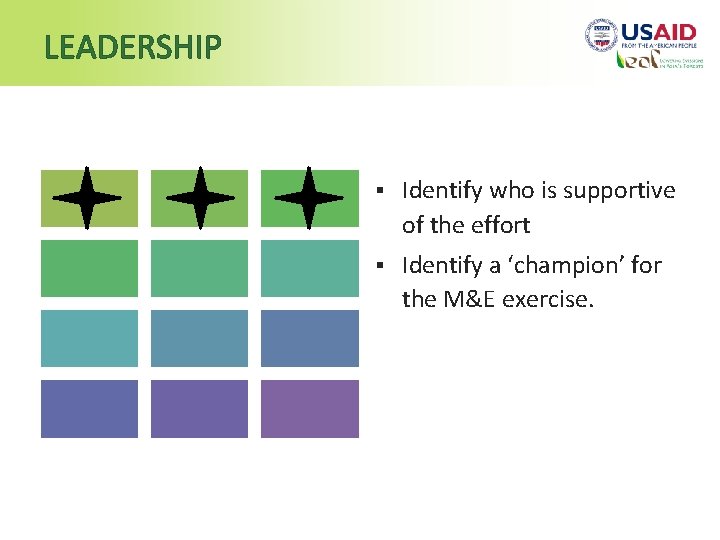 LEADERSHIP § Identify who is supportive of the effort § Identify a ‘champion’ for