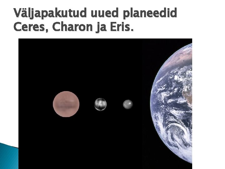 Väljapakutud uued planeedid Ceres, Charon ja Eris. 