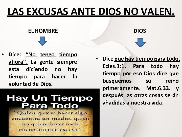 LAS EXCUSAS ANTE DIOS NO VALEN. EL HOMBRE • Dice: “No tengo tiempo ahora”. LAS EXCUSAS ANTE DIOS NO VALEN. EL HOMBRE • Dice: “No tengo tiempo ahora”.