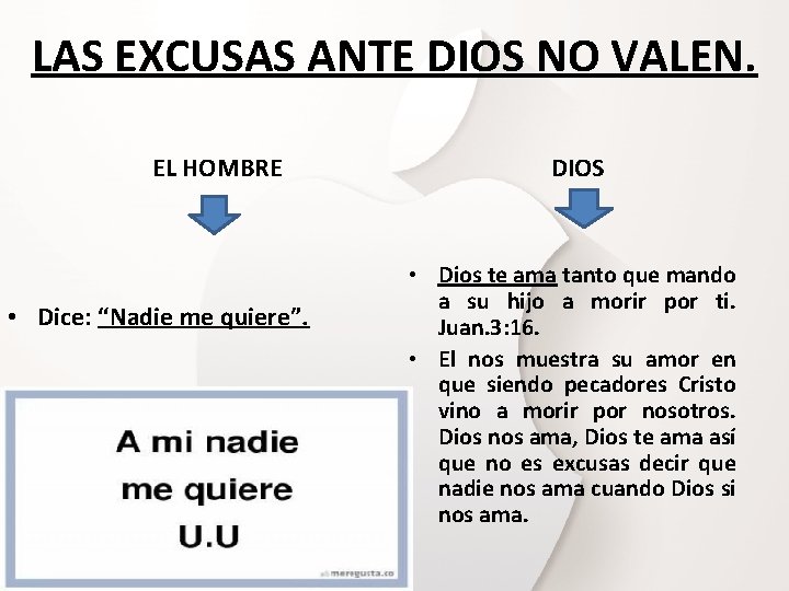 LAS EXCUSAS ANTE DIOS NO VALEN. EL HOMBRE • Dice: “Nadie me quiere”. DIOS LAS EXCUSAS ANTE DIOS NO VALEN. EL HOMBRE • Dice: “Nadie me quiere”. DIOS