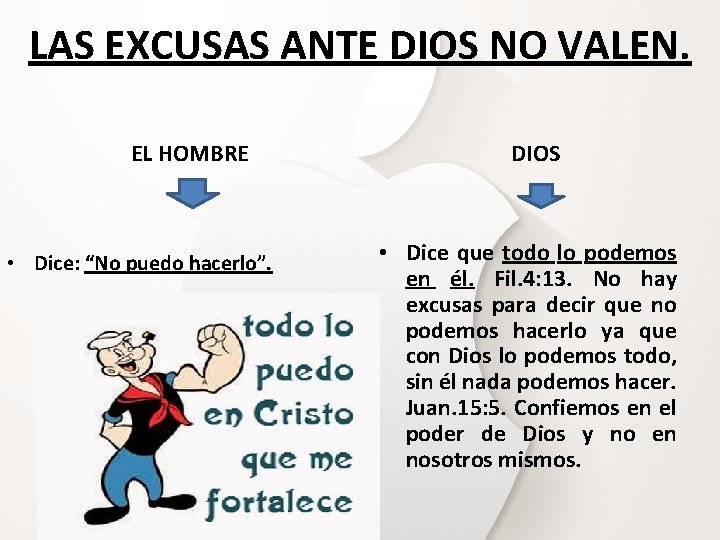 LAS EXCUSAS ANTE DIOS NO VALEN. EL HOMBRE • Dice: “No puedo hacerlo”. DIOS LAS EXCUSAS ANTE DIOS NO VALEN. EL HOMBRE • Dice: “No puedo hacerlo”. DIOS