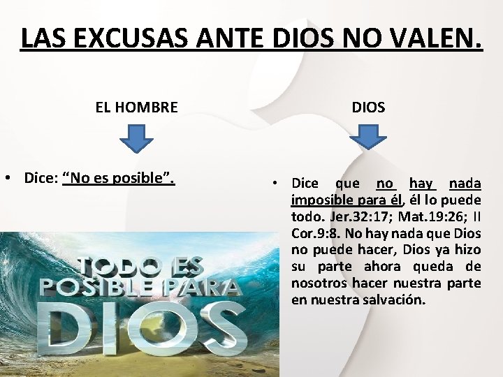 LAS EXCUSAS ANTE DIOS NO VALEN. EL HOMBRE • Dice: “No es posible”. DIOS LAS EXCUSAS ANTE DIOS NO VALEN. EL HOMBRE • Dice: “No es posible”. DIOS