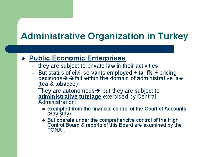Administrative Organization in Turkey l Public Economic Enterprises: – – – they are subject