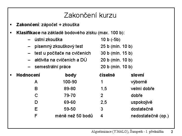 Zakončení kurzu § Zakončení: zápočet + zkouška § Klasifikace na základě bodového zisku (max. Zakončení kurzu § Zakončení: zápočet + zkouška § Klasifikace na základě bodového zisku (max.