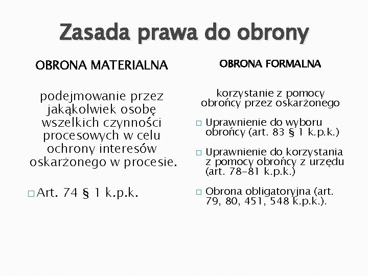 Zasada prawa do obrony OBRONA MATERIALNA OBRONA FORMALNA podejmowanie przez jakąkolwiek osobę wszelkich czynności