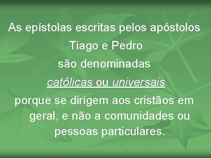 As epístolas escritas pelos apóstolos Tiago e Pedro são denominadas católicas ou universais porque