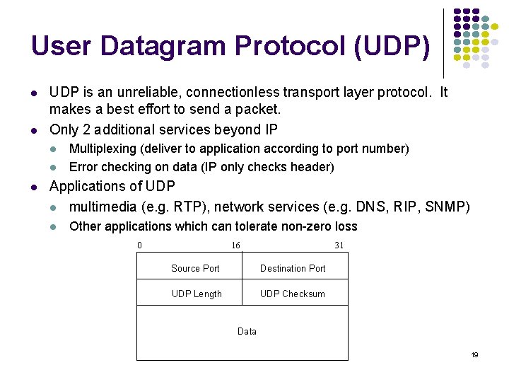 User Datagram Protocol (UDP) l l UDP is an unreliable, connectionless transport layer protocol.