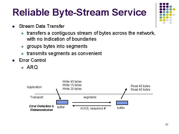 Reliable Byte-Stream Service l Stream Data Transfer l l transfers a contiguous stream of