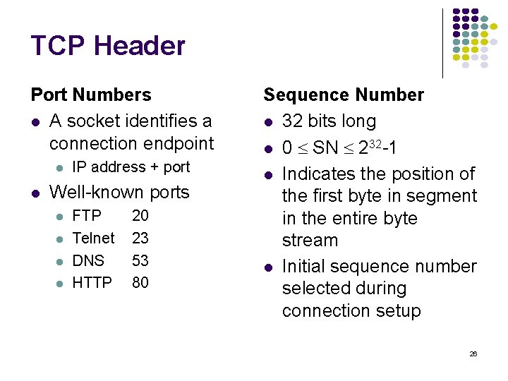 TCP Header Port Numbers l A socket identifies a connection endpoint l l IP