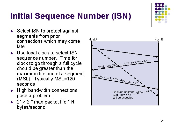 Initial Sequence Number (ISN) l l Select ISN to protect against segments from prior