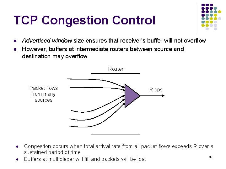 TCP Congestion Control l l Advertised window size ensures that receiver’s buffer will not