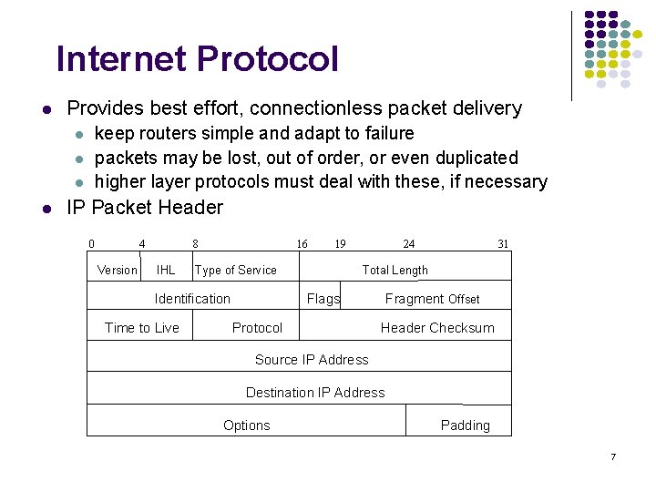 Internet Protocol l Provides best effort, connectionless packet delivery l l keep routers simple