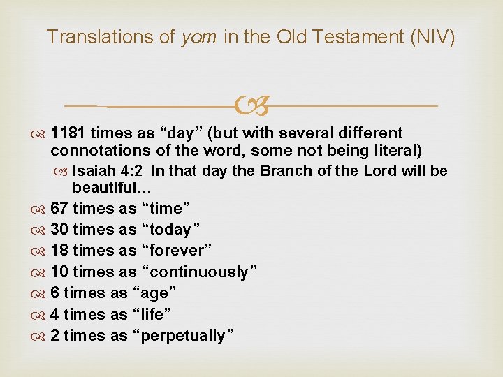 Translations of yom in the Old Testament (NIV) 1181 times as “day” (but with